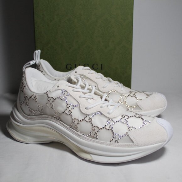 Gucci Shoes - NWB Gucci Run White GG Crystal Sneakers Lace Up Flats 40 758088